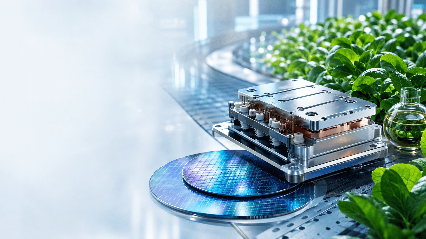 Silicon wafers, an advanced power module and healthy crops in an integrated materials environment